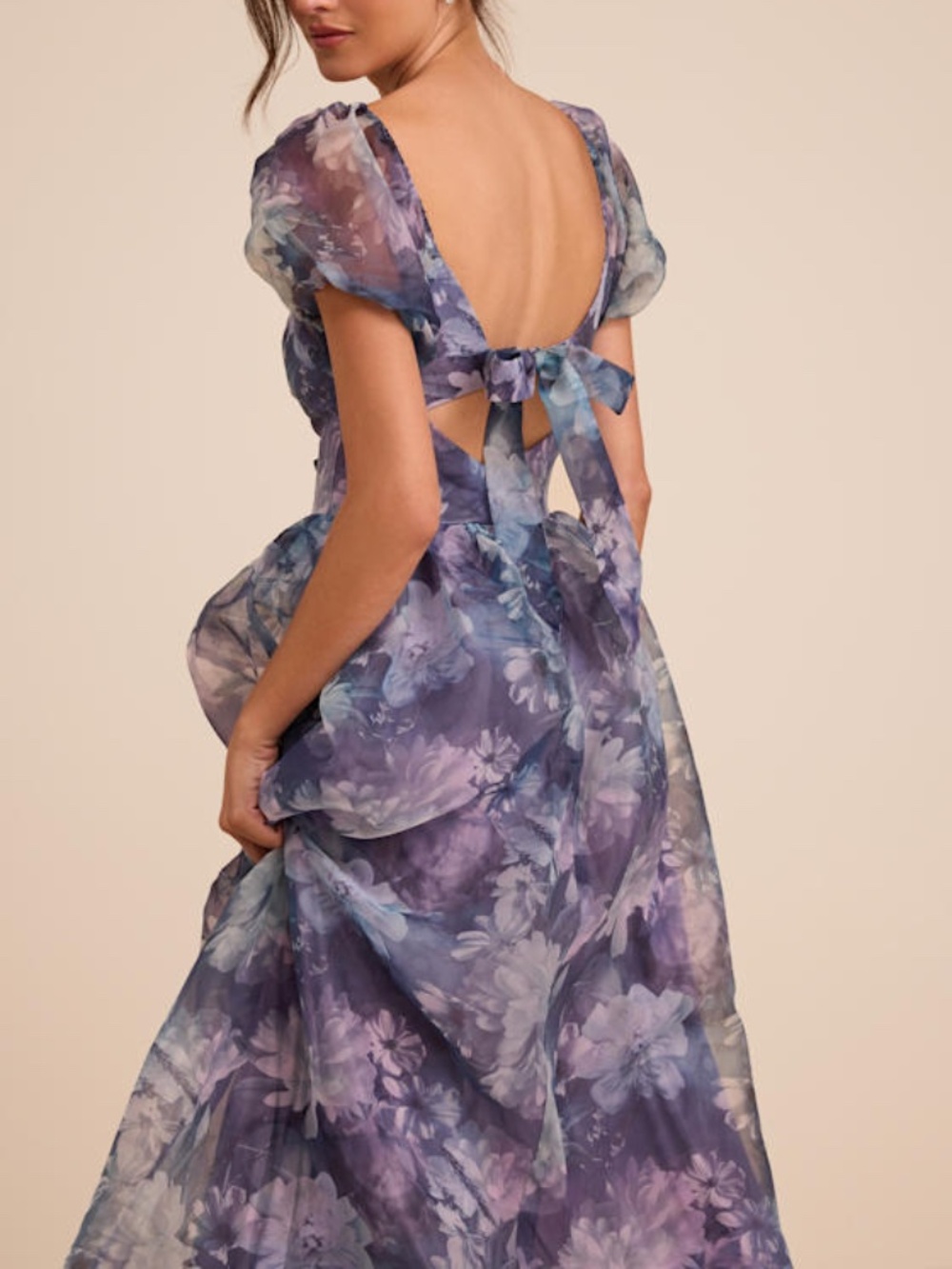 Lulus Lovely Statement Purple Floral Organza Tie-back Midi Dress - Size M